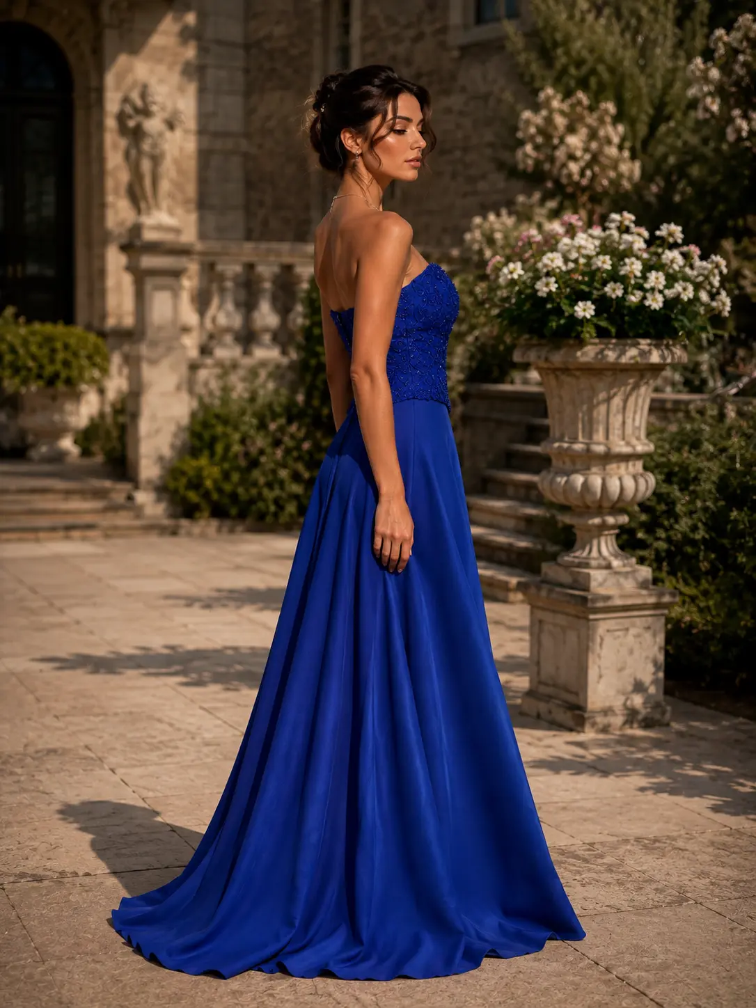 Arielle — made-to-measure evening gown in Royal Blue, side view