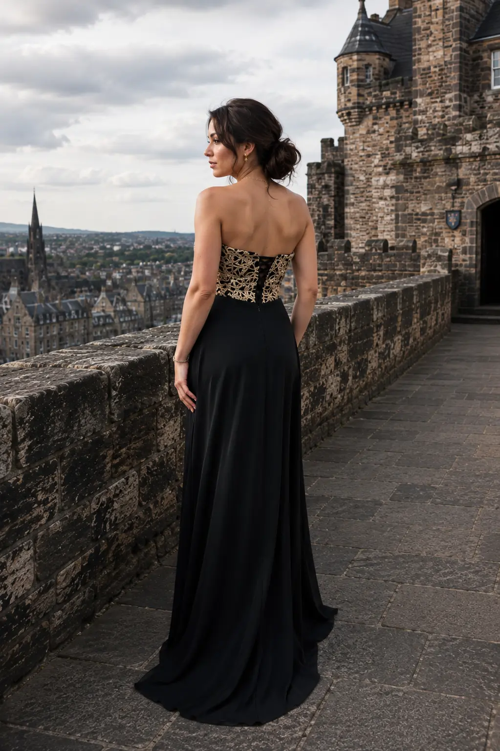 Aurélia — made-to-measure evening gown in Black & Gold, back view