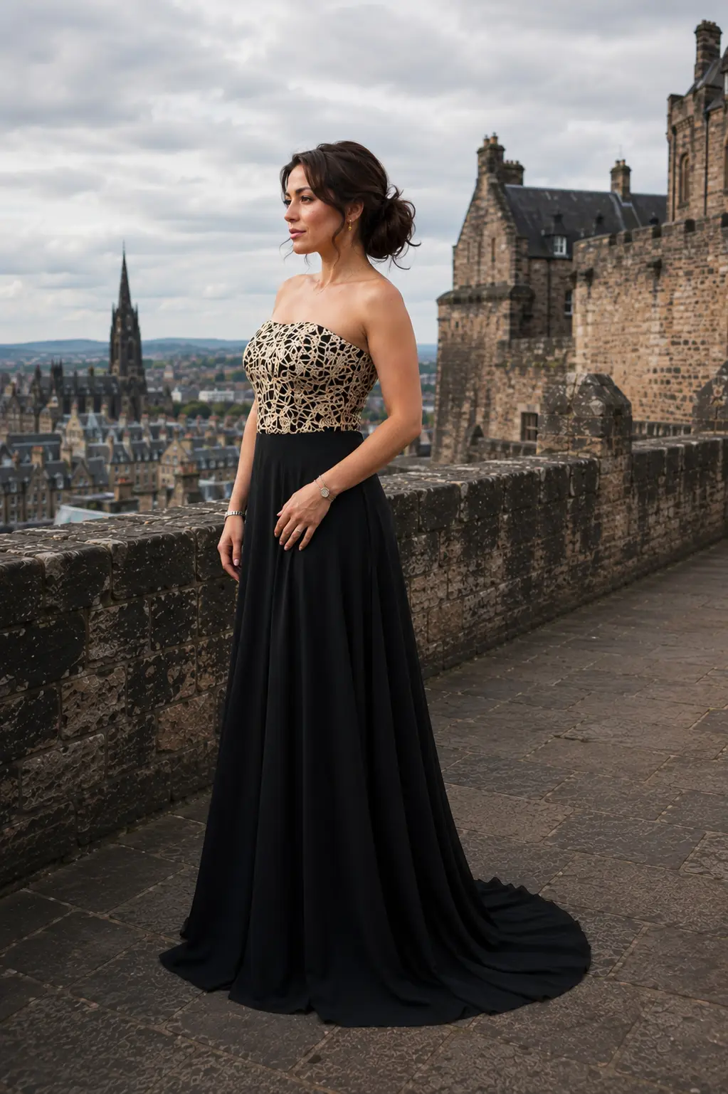 Aurélia — made-to-measure evening gown in Black & Gold, side view