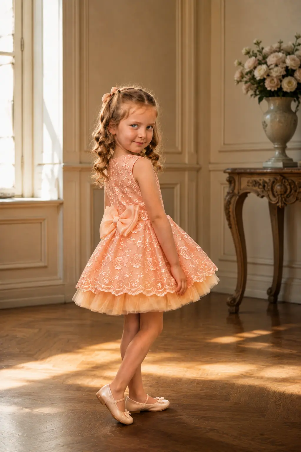 Rosalie — made-to-measure girls’ occasion dress in Peach / Blush, side view